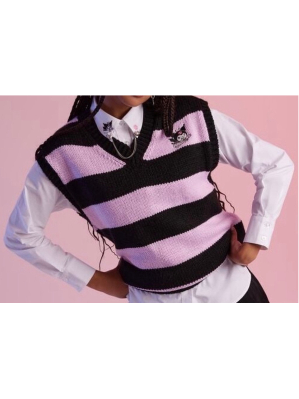 Women's Forever 21 x Hello Kitty Kuromi Striped Sweater Vest Plus 1X Black lilac